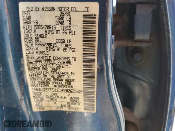 2001 Nissan Frontier SE with VIN 1N6ED27T91C390230, listed as a Copart auction lot 58844905 with 157,883 mi miles and Salvage title. Bid and sale history available at DreamBid. Image 12.