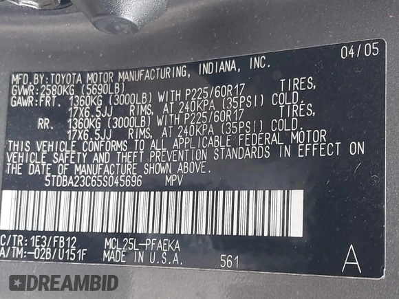 2005 Toyota Sienna LE with VIN 5TDBA23C65S045696, listed as a IAAI auction lot 42181325 with 279,479 mi miles and . Bid and sale history available at DreamBid. Image 9.