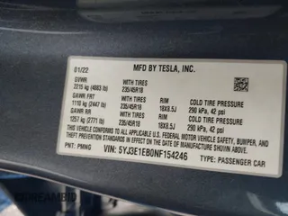 2022 Tesla Model 3 Long Range z VIN 5YJ3E1EB0NF154246, wystawiony jako IAAI lot #41190673 z przebiegiem 85 244 mil mil oraz . Historia ofert i sprzedaży dostępna na DreamBid. Obrazek 9.