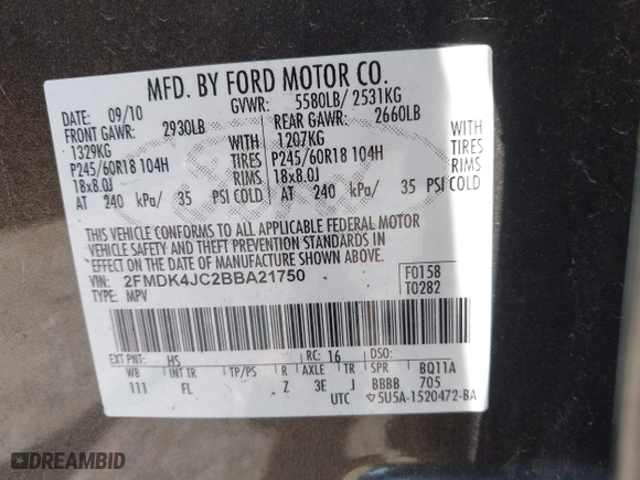 2011 Ford Edge SEL with VIN 2FMDK4JC2BBA21750, listed as a IAAI auction lot 42063619 with 158,122 mi miles. Bid and sale history available at carsss.com. Image 9.
