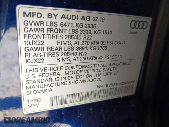 2019 Audi Q8 Premium Plus z VIN WA1EVBF18KD028606, wystawiony jako IAAI lot #41780296 z przebiegiem 72 117 mil mil oraz . Historia ofert i sprzedaży dostępna na DreamBid. Obrazek 9.