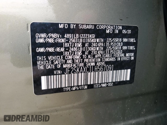 2020 Subaru Forester Touring с VIN JF2SKAXC1LH567091, выставлен на аукционе Copart как лот 59359545 с пробегом 49 153 миль миль и Списание • Salvage title. История ставок и продаж доступна на DreamBid. Изображение 12.