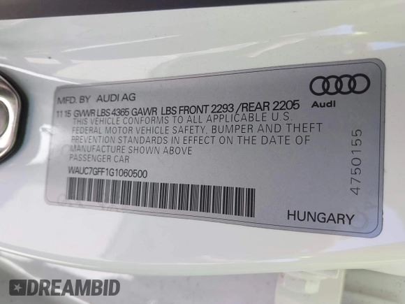 2016 Audi A3 1.8T Premium Plus with VIN WAUC7GFF1G1060500, listed as a IAAI auction lot 41823246 with 1 mi miles. Bid and sale history available at carsss.com. Image 9.