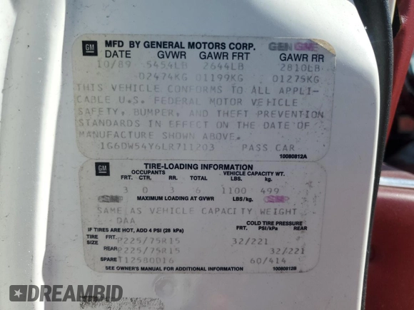 1990 Cadillac Brougham z VIN 1G6DW54Y6LR711203, wystawiony jako Copart lot #76484634 z przebiegiem 121 310 mil mil oraz Nie do naprawy. Historia ofert i sprzedaży dostępna na DreamBid. Obrazek 13.