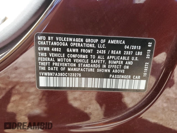 2013 Volkswagen Passat SE with VIN 1VWBN7A39DC123275, listed as a Copart auction lot 58411545 with 79,320 mi miles and Clean title. Bid and sale history available at DreamBid. Image 12.