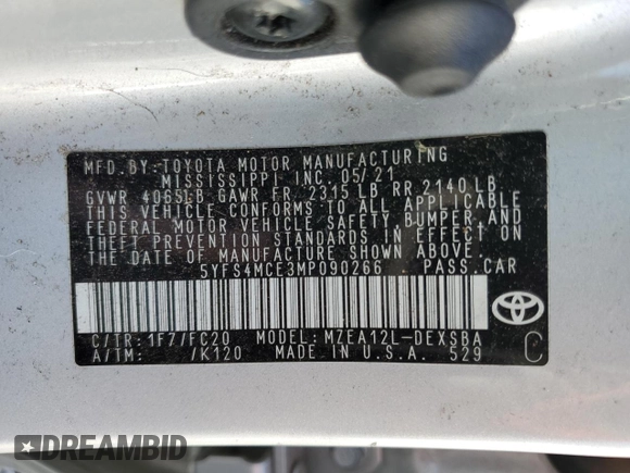 2021 Toyota Corolla SE with VIN 5YFS4MCE3MP090266, listed as a Copart auction lot 52882215 with 43,719 mi miles and Salvage Title. Bid and sale history available at DreamBid. Image 12.