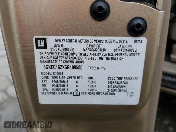 2005 GMC Yukon XL SLE z VIN 3GKEC16ZX5G108500, wystawiony jako Copart lot #79406714 z przebiegiem 171 883 mil mil oraz Szkoda całkowita • Salvage title. Historia ofert i sprzedaży dostępna na DreamBid. Obrazek 14.