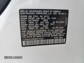 2021 Volkswagen Atlas SEL with VIN 1V2ER2CA5MC573264, listed as a Copart auction lot 84921024 with 88,994 mi miles and Salvage title. Bid and sale history available at DreamBid. Image 13.