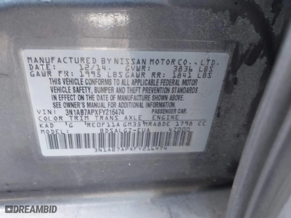 2015 Nissan Sentra S with VIN 3N1AB7APXFY216474, listed as a IAAI auction lot 41293511 with 73,767 mi miles. Bid and sale history available at carsss.com. Image 9.