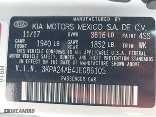 2018 Kia Rio LX with VIN 3KPA24AB4JE086105, listed as a IAAI auction lot 42062323 with 128,289 mi miles. Bid and sale history available at carsss.com. Image 9.