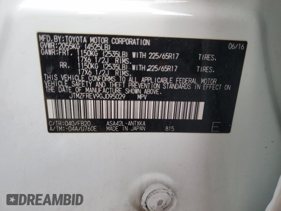 2016 Toyota RAV4 LE with VIN JTMZFREV9GJ095029, listed as a Copart auction lot 46191295 with 77,478 mi miles and Salvage Title. Bid and sale history available at DreamBid. Image 16.