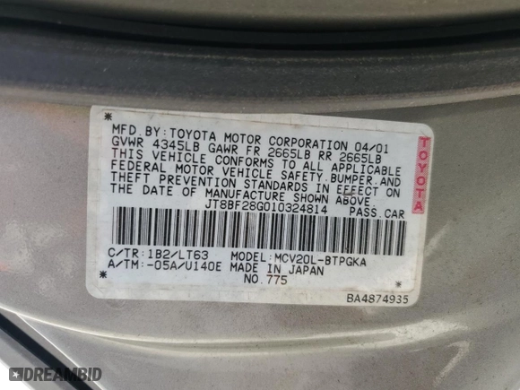 2001 Lexus ES 300 with VIN JT8BF28G010324814, listed as a Copart auction lot 48820415 with 230,254 mi miles and Salvage Title. Bid and sale history available at carsss.com. Image 12.