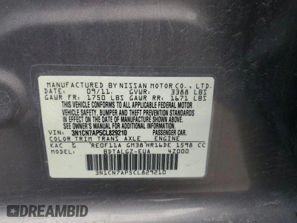 2012 Nissan Versa SL with VIN 3N1CN7AP5CL829210, listed as a Copart auction lot 59029455 with 104,245 mi miles and Salvage title. Bid and sale history available at DreamBid. Image 12.
