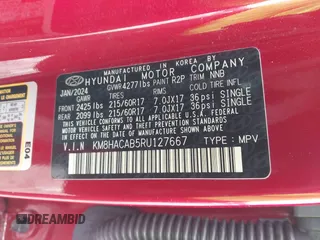 2024 Hyundai Kona SE with VIN KM8HACAB5RU127667, listed as a IAAI auction lot 41575437 with 12,654 mi miles and . Bid and sale history available at DreamBid. Image 9.