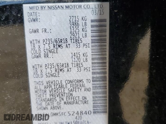 2015 Infiniti QX60 with VIN 5N1AL0MM5FC524840, listed as a Copart auction lot 55408175 with 89,574 mi miles and Salvage title. Bid and sale history available at DreamBid. Image 13.