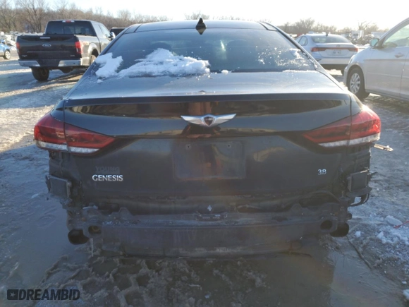 2015 Hyundai Genesis 3.8L with VIN KMHGN4JE9FU018981, listed as a Copart auction lot 87797085 with 0 mi miles and Salvage Title. Bid and sale history available at carsss.com. Image 6.