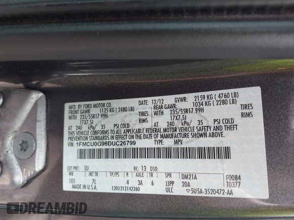 2013 Ford Escape SE with VIN 1FMCU0G96DUC26799, listed as a IAAI auction lot 42751599 with 116,312 mi miles and . Bid and sale history available at DreamBid. Image 9.