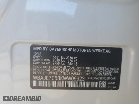 2019 BMW 5 Series 540i xDrive with VIN WBAJE7C58KWW09923, listed as a Copart auction lot 50146235 with 42,440 mi miles and Non Repairable. Bid and sale history available at carsss.com. Image 14.