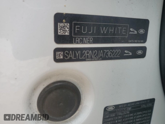 2018 Land Rover Range Rover Velar R-Dynamic SE with VIN SALYL2RN2JA736222, listed as a Copart auction lot 55918635 with 93,224 mi miles and Salvage title. Bid and sale history available at DreamBid. Image 14.