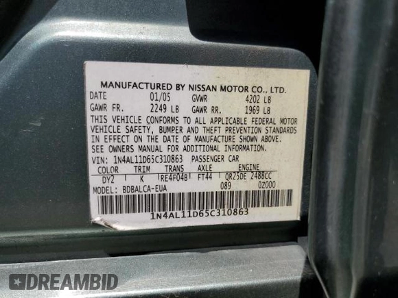 2005 Nissan Altima 2.5 S with VIN 1N4AL11D65C310863, listed as a Copart auction lot 41459985 with 228,066 mi miles and Salvage Title. Bid and sale history available at carsss.com. Image 13.