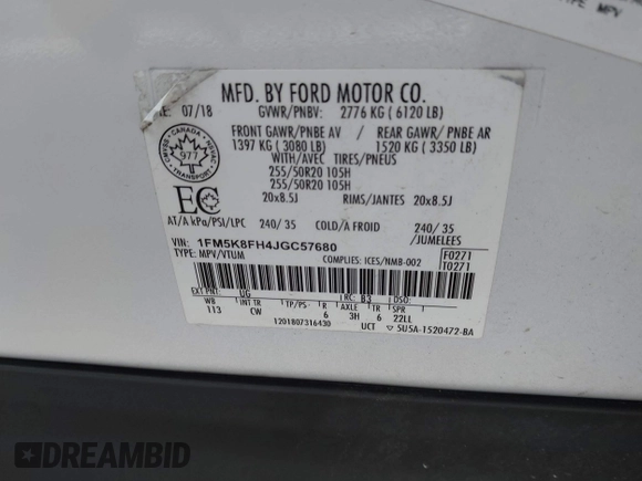 2018 Ford Explorer Limited с VIN 1FM5K8FH4JGC57680, выставлен на аукционе IAAI как лот 42178063 с пробегом 94 821 миль миль и . История ставок и продаж доступна на DreamBid. Изображение 9.
