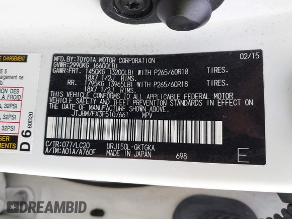 2015 Lexus GX 460 with VIN JTJBM7FX3F5107661, listed as a IAAI auction lot 41553229 with 45,436 mi miles and . Bid and sale history available at carsss.com. Image 9.