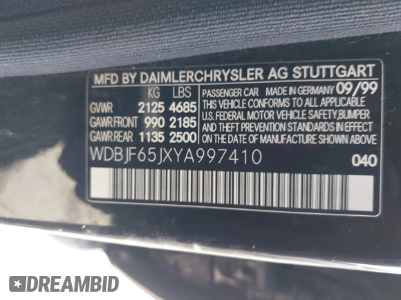 2000 Mercedes-Benz E-Class with VIN WDBJF65JXYA997410, listed as a IAAI auction lot 41939485 with 158,559 mi miles. Bid and sale history available at carsss.com. Image 9.
