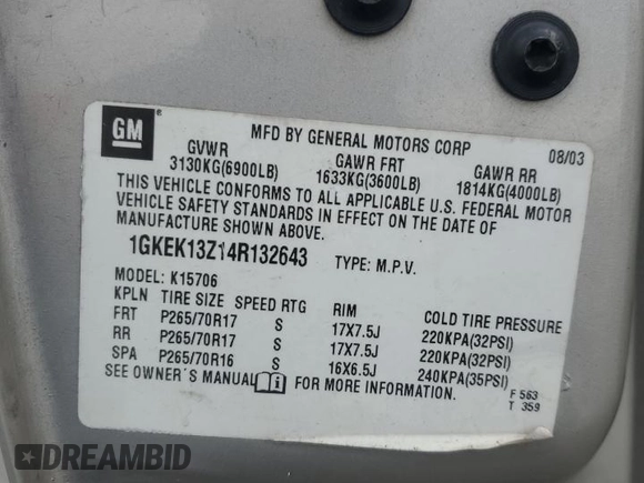 2004 GMC Yukon SLT with VIN 1GKEK13Z14R132643, listed as a Copart auction lot 46973935 with 290,963 mi miles and Salvage Title. Bid and sale history available at carsss.com. Image 15.
