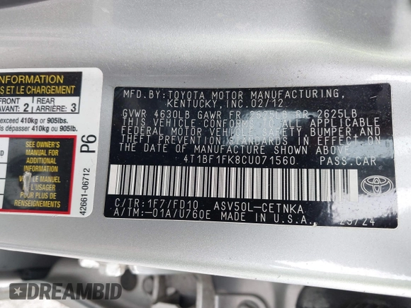 2012 Toyota Camry L with VIN 4T1BF1FK8CU071560, listed as a IAAI auction lot 38211313 with 123,274 mi miles. Bid and sale history available at carsss.com. Image 9.