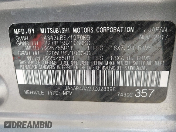 2018 Mitsubishi Outlander SEL with VIN JA4AP4AW2JZ028898, listed as a IAAI auction lot 42115445 with 134,204 mi miles and . Bid and sale history available at DreamBid. Image 9.