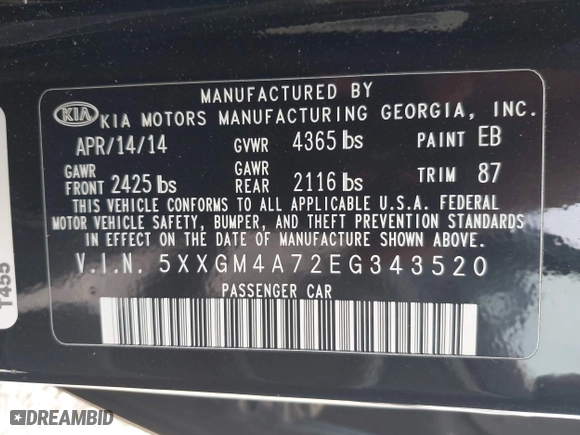 2014 Kia Optima LX with VIN 5XXGM4A72EG343520, listed as a IAAI auction lot 42050562 with 126,270 mi miles. Bid and sale history available at carsss.com. Image 9.