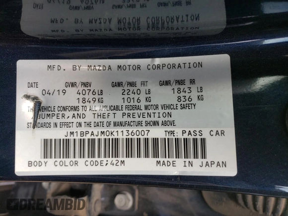 2019 Mazda Mazda3 Hatchback with VIN JM1BPAJM0K1136007, listed as a Copart auction lot 45715503 with 35,623 mi miles. Bid and sale history available at carsss.com. Image 12.