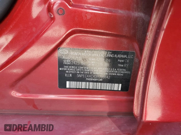 2013 Hyundai Sonata Limited with VIN 5NPEC4AC4DH799142, listed as a Copart auction lot 56796265 with 142,351 mi miles and Clean Title. Bid and sale history available at DreamBid. Image 12.