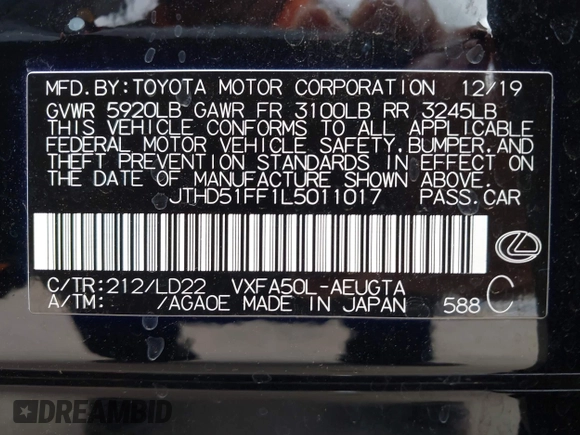 2020 Lexus LS 500 with VIN JTHD51FF1L5011017, listed as a IAAI auction lot 42061399 with 31,341 mi miles and . Bid and sale history available at DreamBid. Image 9.