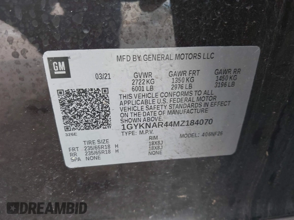 2021 Cadillac XT5 FWD Luxury with VIN 1GYKNAR44MZ184070, listed as a IAAI auction lot 41934265 with 60,596 mi miles and . Bid and sale history available at DreamBid. Image 9.