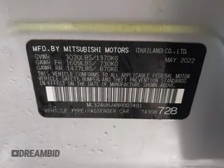 2022 Mitsubishi Mirage ES z VIN ML32AUHJ4NH007491, wystawiony jako IAAI lot #41641405 z przebiegiem 37 322 mil mil oraz . Historia ofert i sprzedaży dostępna na DreamBid. Obrazek 9.