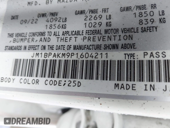 2023 Mazda 3 S Select with VIN JM1BPAKM9P1604211, listed as a IAAI auction lot 42093424 with Not provided miles and . Bid and sale history available at DreamBid. Image 9.