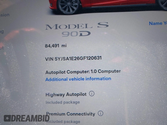 2016 Tesla Model S 90D с VIN 5YJSA1E26GF120631, выставлен на аукционе IAAI как лот 42249326 с пробегом 84 491 миль миль и . История ставок и продаж доступна на DreamBid. Изображение 7.