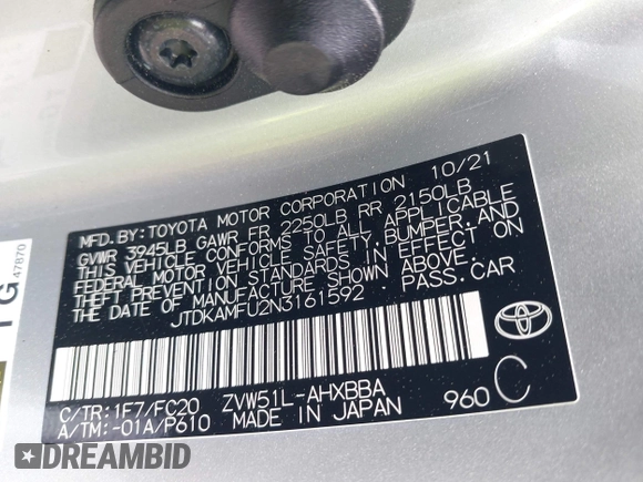 2022 Toyota Prius L Eco with VIN JTDKAMFU2N3161592, listed as a IAAI auction lot 42245464 with 146,891 mi miles and . Bid and sale history available at DreamBid. Image 9.