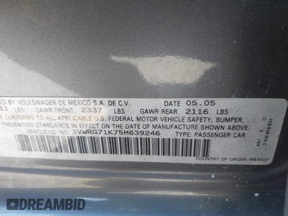 2005 Volkswagen Jetta 2.5L с VIN 3VWRG71K75M639246, выставлен на аукционе IAAI как лот 41937562 с пробегом 139 321 миль миль и . История ставок и продаж доступна на DreamBid. Изображение 9.