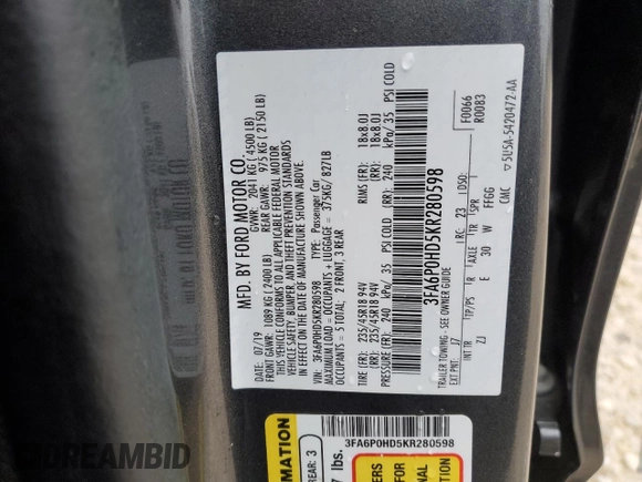 2019 Ford Fusion SE with VIN 3FA6P0HD5KR280598, listed as a Copart auction lot 50935305 with 46,942 mi miles and Clean Title. Bid and sale history available at DreamBid. Image 12.
