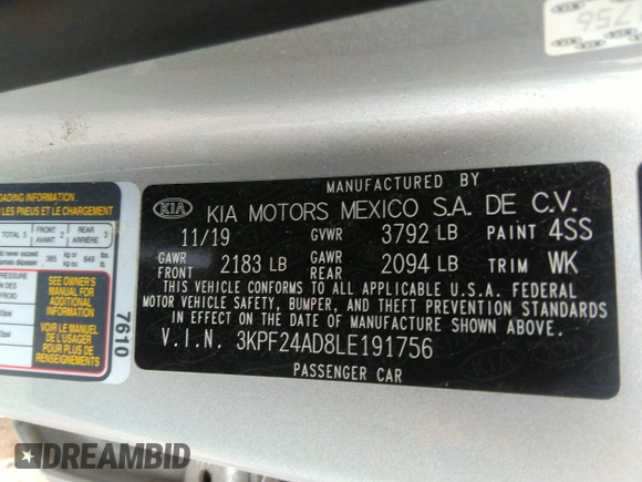 2020 Kia Forte LXS with VIN 3KPF24AD8LE191756, listed as a IAAI auction lot 37130314 with 52,813 mi miles. Bid and sale history available at carsss.com. Image 9.