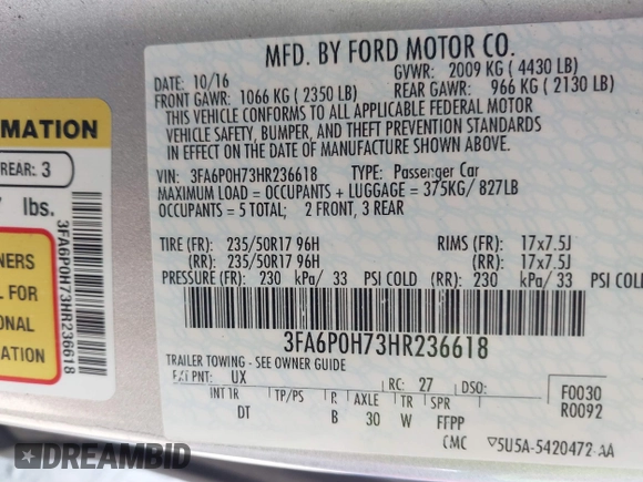 2017 Ford Fusion SE z VIN 3FA6P0H73HR236618, wystawiony jako IAAI lot #40734739 z przebiegiem 189 000 mil mil oraz . Historia ofert i sprzedaży dostępna na DreamBid. Obrazek 9.