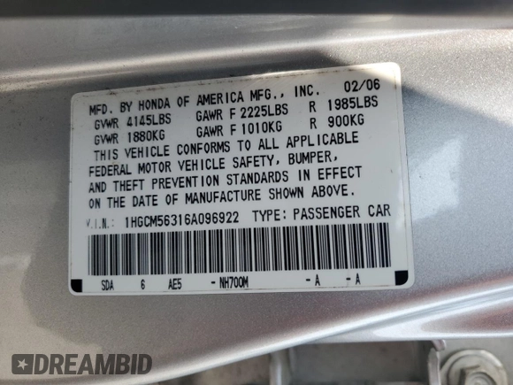2006 Honda Accord LX SE с VIN 1HGCM56316A096922, выставлен на аукционе Copart как лот 59694915 с пробегом 148 606 миль миль и Списание • Salvage title. История ставок и продаж доступна на DreamBid. Изображение 12.