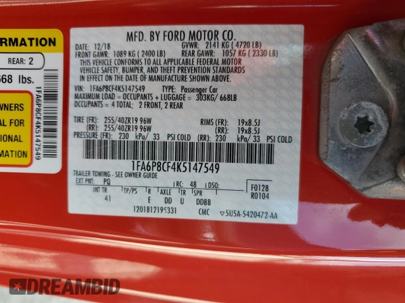 2019 Ford Mustang GT with VIN 1FA6P8CF4K5147549, listed as a Copart auction lot 55528615 with 53,412 mi miles and Salvage title. Bid and sale history available at DreamBid. Image 12.