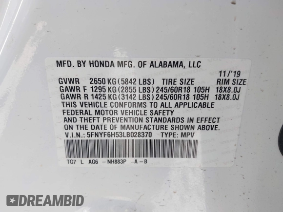 2020 Honda Pilot EX-L с VIN 5FNYF6H53LB028370, выставлен на аукционе IAAI как лот 42077929 с пробегом 64 787 миль миль и . История ставок и продаж доступна на DreamBid. Изображение 9.