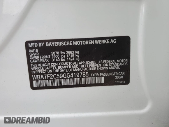 2016 BMW 7 Series 750i xDrive with VIN WBA7F2C59GG419785, listed as a Copart auction lot 72861392 with 0 mi miles. Bid and sale history available at carsss.com. Image 12.