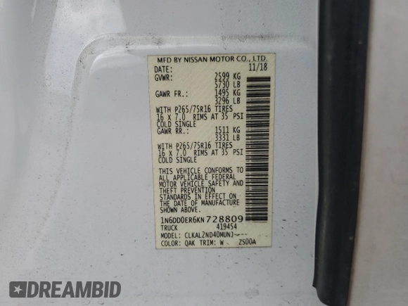 2019 Nissan Frontier Desert Runner with VIN 1N6DD0ER6KN728809, listed as a Copart auction lot 59846995 with 86,163 mi miles and Salvage title. Bid and sale history available at DreamBid. Image 12.