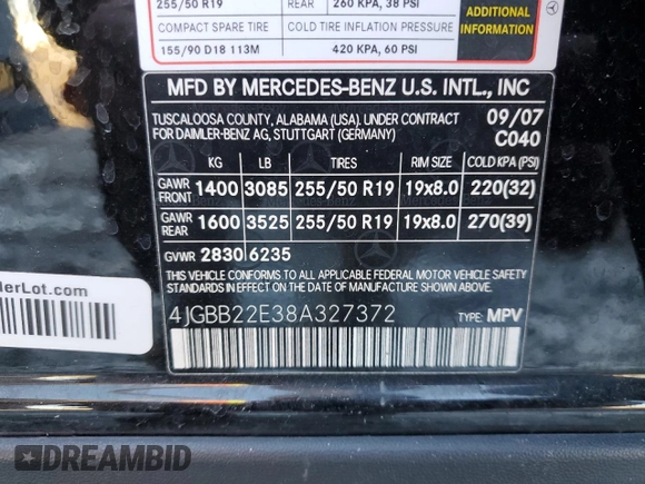 2008 Mercedes-Benz M 3.0L CDI with VIN 4JGBB22E38A327372, listed as a Copart auction lot 43312675 with 206,093 mi miles and Salvage Title. Bid and sale history available at carsss.com. Image 13.