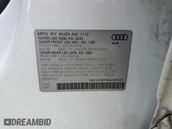 2014 Audi Q5 Premium Plus with VIN WA1LFAFP9EA066533, listed as a Copart auction lot 51708925 with 0 mi miles and Salvage Title. Bid and sale history available at carsss.com. Image 14.